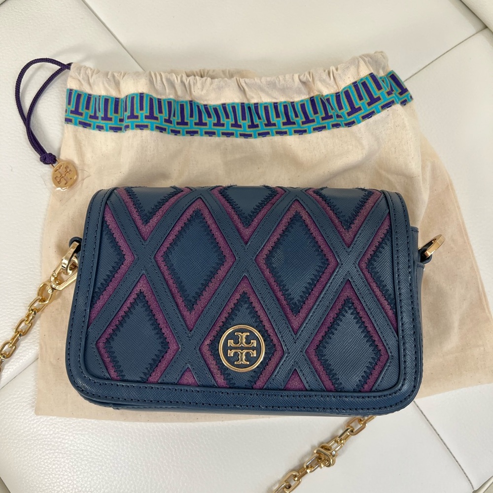 Pre-loved Tory Burch Blue/Purple Leather and Suede Flap Crossbody Bag